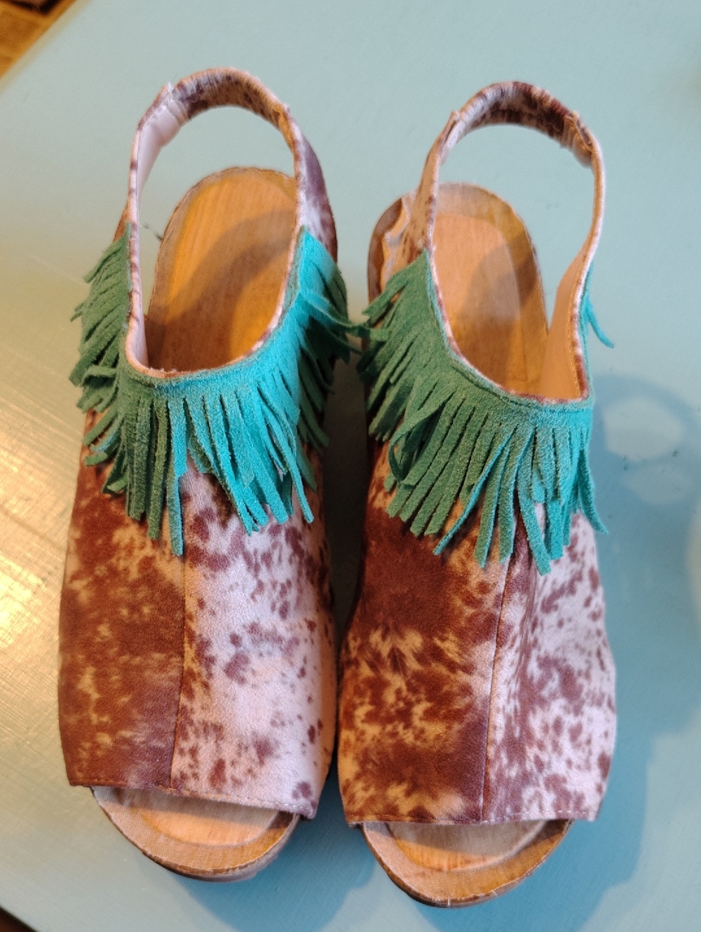 Crazy Train Cowhide Turquoise Fringe Kick Wedge